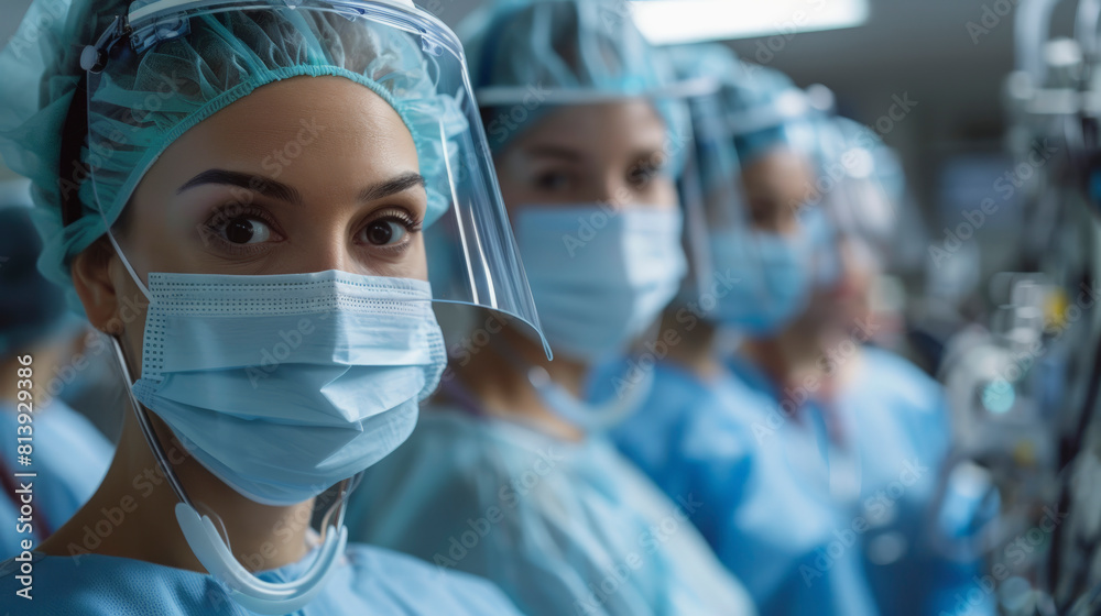 Medical staff in scrubs and surgical masks, focused and ready, inside what appears to be an operating room, representing professionalism and readiness in healthcare. Medical staff in scrubs and surgical masks, focused and ready, inside what appears to be an operating room, representing professionalism and readiness in healthcare.