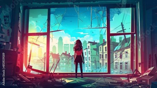An abandoned woman stands at a cracked window and looks at a ghetto street with abandoned buildings and broken cars, a girl at home watches apocalyptic streetscapes.