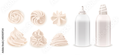 Collection Of Whipped Cream Swirls In Various Shapes And Two Types Of Dispensers Isolated On A White Background