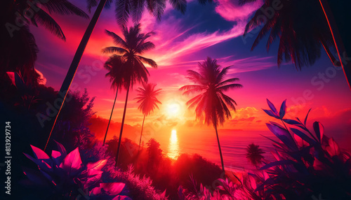 A vibrant tropical beach scene during sunset. The sky is filled with a gradient of warm hues ranging from deep pink to a glowing orange