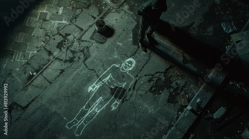 Chalk body outline on the pavement symbolizing a crime scene. Forensic science investigates a horrendous murder at night.