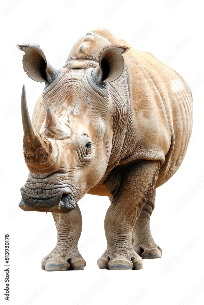 Fototapeta premium Detailed close up of a rhino on a plain white background. Suitable for educational materials or wildlife conservation campaigns