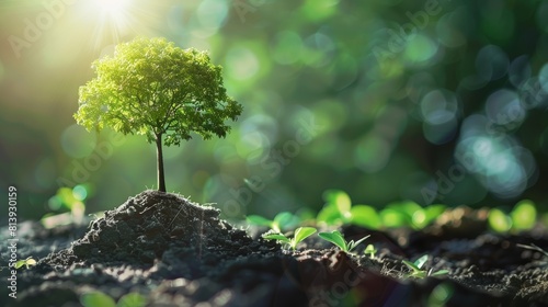 Young tree growing on fertile soil against sunlight. Close-up shot. Growth and new beginnings concept.