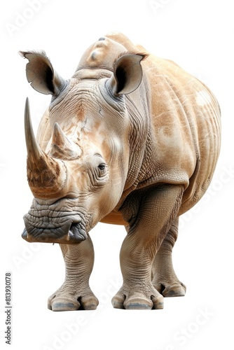 Detailed close up of a rhino on a plain white background. Suitable for educational materials or wildlife conservation campaigns