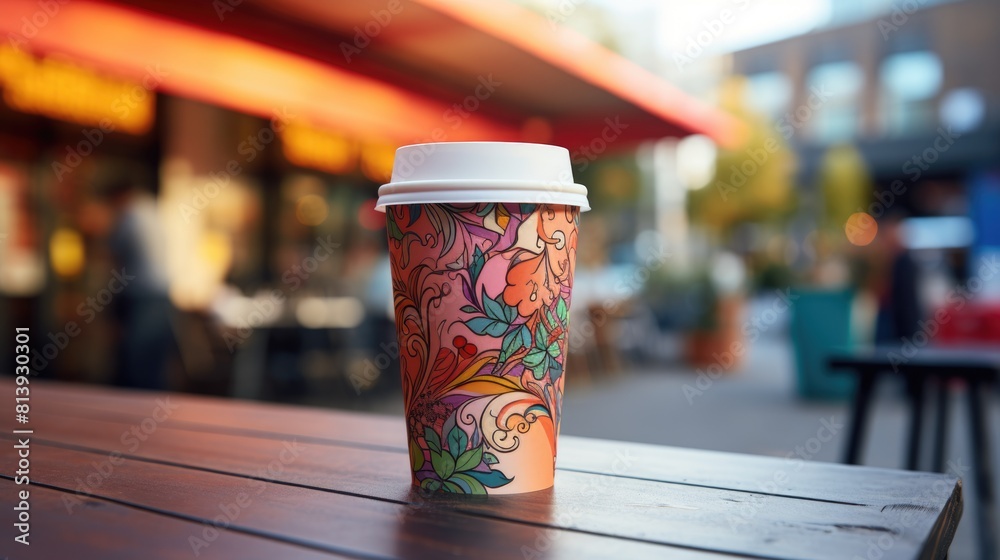 Coffee cup mockup with colorful pattern on wooden table in coffee shop, summer cafe with blurred background with copy space for text Coffee cup mockup with colorful pattern on wooden table in coffee shop, summer cafe with blurred background with copy space for text