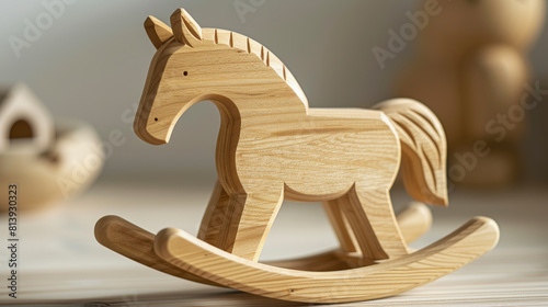 A wooden rocking horse toy displayed on a smooth surface, with soft lighting and a blurred background suggesting a cozy, indoor setting.