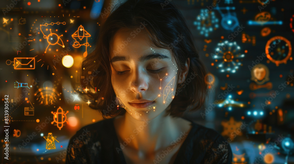 A woman's face overlaid with glowing, futuristic digital icons and symbols, suggesting themes of technology, data visualization, AI, and modern digital life. A woman's face overlaid with glowing, futuristic digital icons and symbols, suggesting themes of technology, data visualization, AI, and modern digital life.