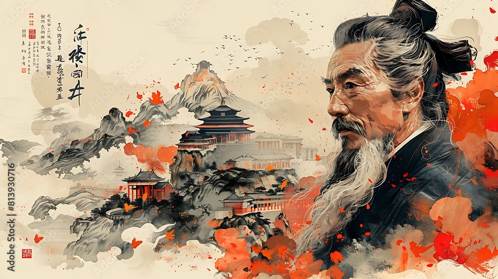Design an illustration depicting Confucius and his teachings with quotes and symbols