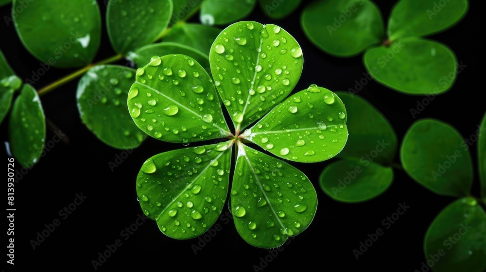 Green clover leaf with water drops isolated on black background, close up Green clover leaf with water drops isolated on black background, close up