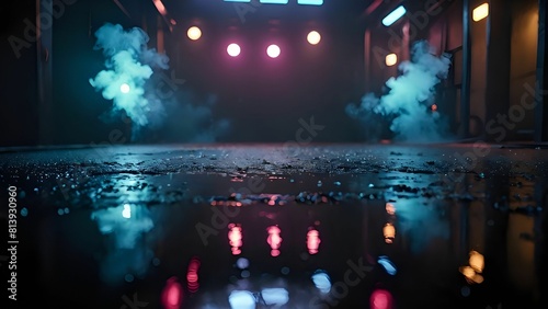 A close up of a wet floor with lights in the background