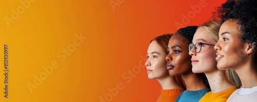 Five young adults in profile view against vibrant orange background