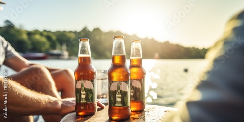 Senior friends toasting beer bottles near water at sunset. Generative AI.