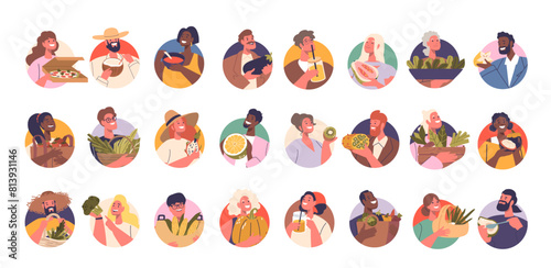 Set Of Diverse People Enjoying Different Kinds Of Meals, Happily Engaged With Foods Like Salad, Greens, Pizza And Fruits