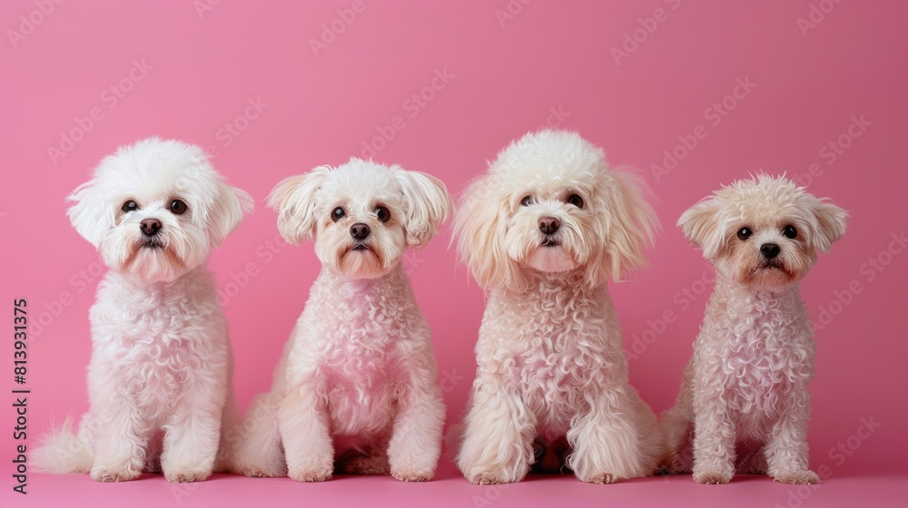group of four small bichon frise white dogs sitting on pink background grooming salon concept for pets horizontal background with copy space group of four small bichon frise white dogs sitting on pink background grooming salon concept for pets horizontal background with copy space