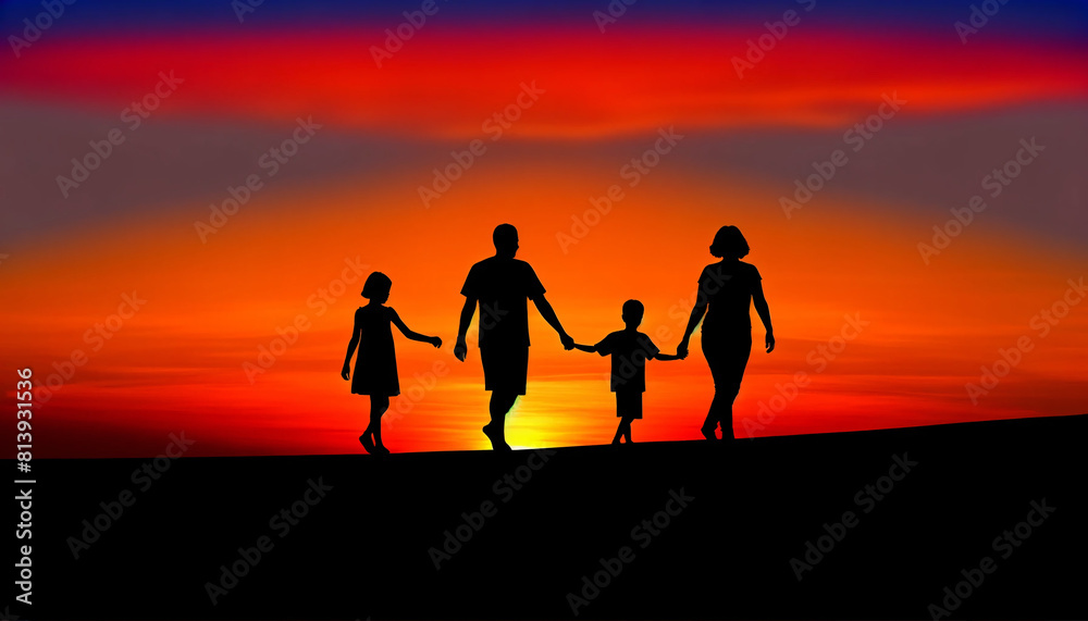 Silhouette of a family walking hand-in-hand against a sunset background. The family consists of two adults and two children Silhouette of a family walking hand-in-hand against a sunset background. The family consists of two adults and two children