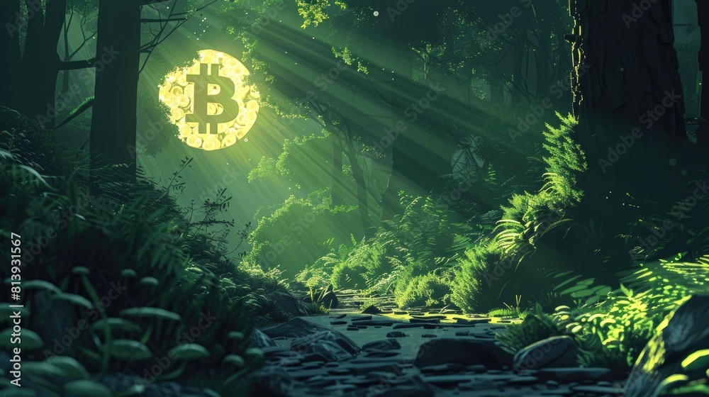 Fototapeta premium Digital composite of Bitcoin sign in the forest. Cryptocurrency concept.