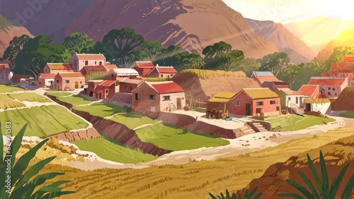 A 4K looping video featuring a house under the foot of the desert mountains in cartoon folk style. photo