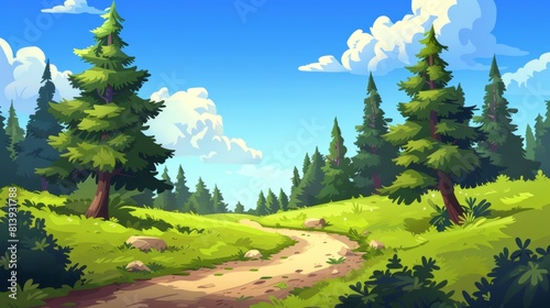 Illustration of a cartoon nature landscape with a dirt road crisscrossing through a green field with coniferous and deciduous trees. Pine trees  path  blue sky with rare clouds  a wood background  as