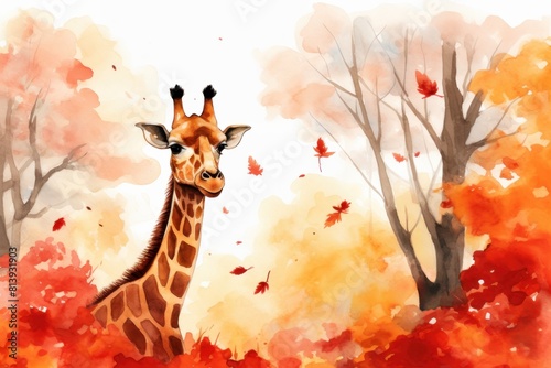 Giraffe in the autumn park. Autumn background, trees with red and yellow leaves.