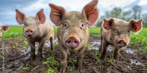 Ecological pigs and piglets at the domestic farm. Generative AI.