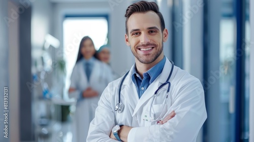 Confident male doctor in a hospital corridor with team in background. Healthcare professionals and hospital interior concept.