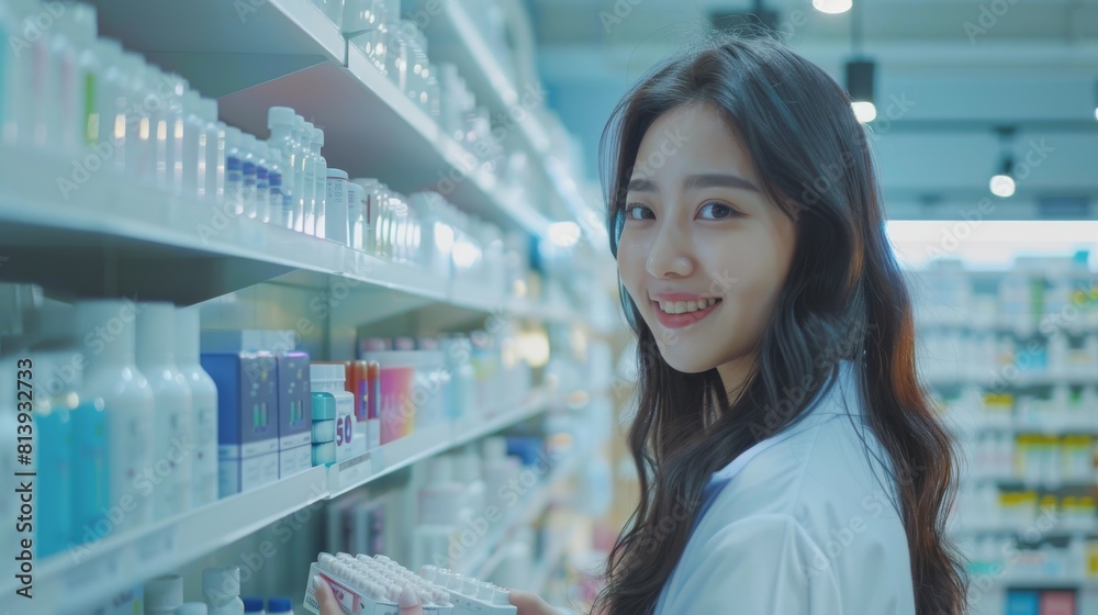 Professional Asian female pharmacist holding a box of pills, smiling at camera, holding a health care product, specialist recommending the best product. Store with health care products, specialist
