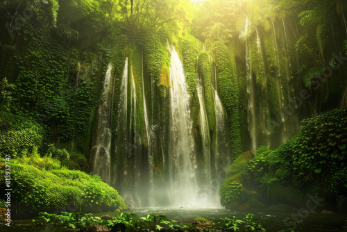 A majestic waterfall cascading down a moss-covered cliff into a crystal-clear pool below, surrounded by lush greenery and misty spray, creating a scene of natural grandeur and tranquility © grey