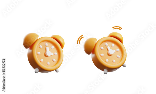3D orange alarm clock and ringing watches vector icons set, render sleeping or deadline timer volumetric reminder notice