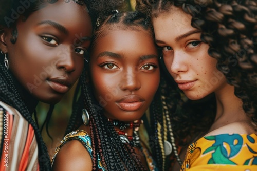 A group of three women standing next to each other. Perfect for diversity and friendship concepts photo