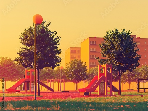 Dilapidated park to bustling playground, children laughing, golden hour lighting, heartwarming scene