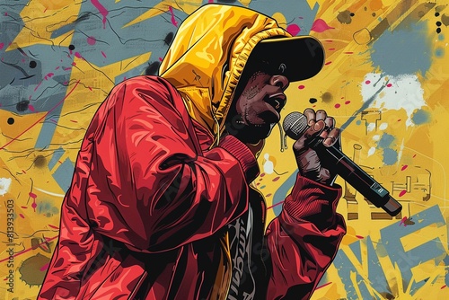 A graffiti-covered wall with a portrait of a rapper wearing a yellow hoodie and red jacket holding a microphone in front of it.