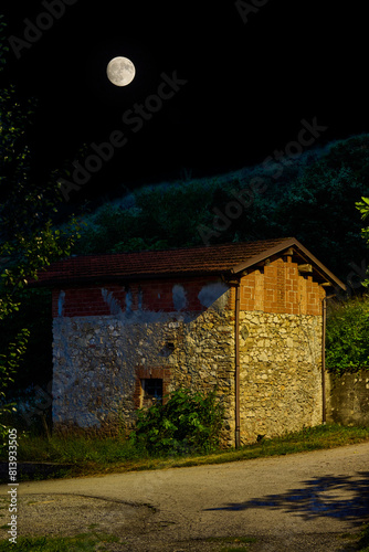 Moonligt over farmhouse, Piedmont, Italy