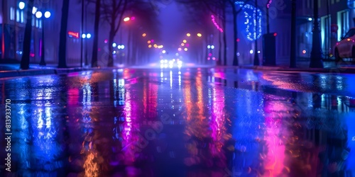 Dark urban scene with neon lights reflecting on wet pavement at night. Concept Night Photography, Urban Landscape, Neon Lights, Dark Atmosphere, Wet Pavement