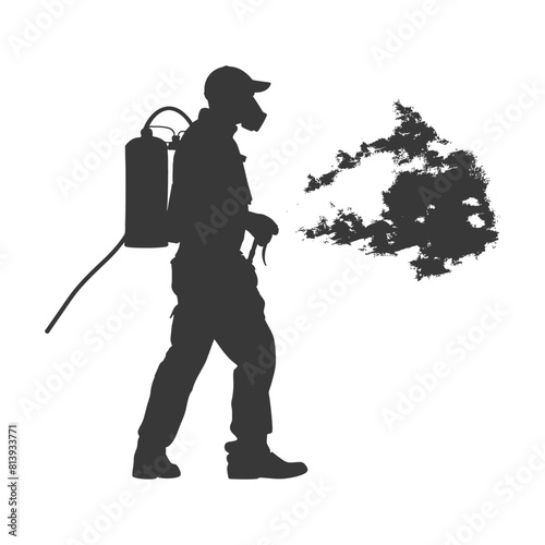 Silhouette Man using fogger machine in action full body black color only