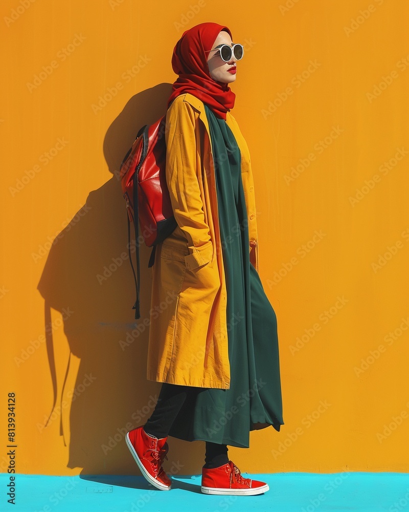 A young woman wearing a red hijab and yellow coat is standing against a blue background.