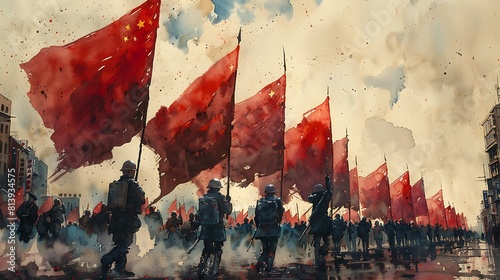 Design an illustration depicting the Red Guards and mass rallies during the Cultural Revolution symbolizing the radicalism of the period. photo