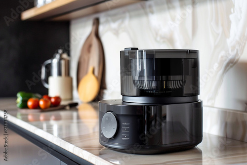 A sleek black food processor with a compact footprint, saving space on the countertop.
