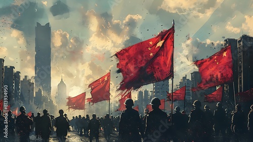 Design an illustration depicting the Red Guards and mass rallies during the Cultural Revolution symbolizing the radicalism of the period. photo