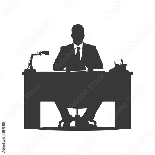 Silhouette news anchor man in action sit in front desk black color only