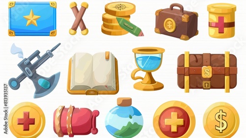 Modern cartoon set of game icons, including a travel diary, a lightning flash, a carbine, a golden cup, money coins and a bomb.