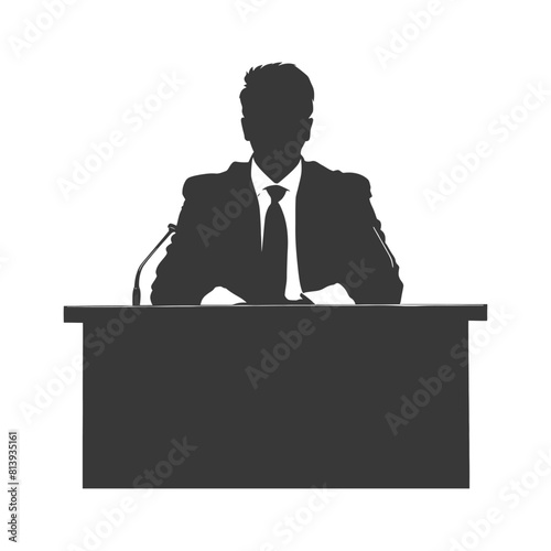 Silhouette news anchor man in action sit in front desk black color only