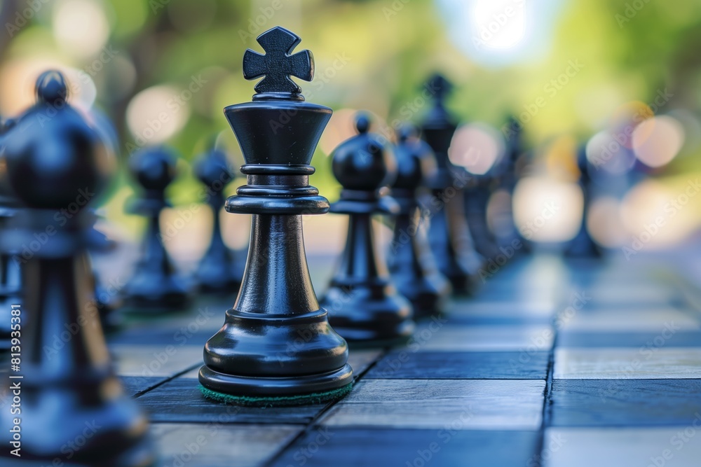The black king chess piece stands majestically on a chessboard with natural bokeh background, symbolizing strategy and intelligence The black king chess piece stands majestically on a chessboard with natural bokeh background, symbolizing strategy and intelligence