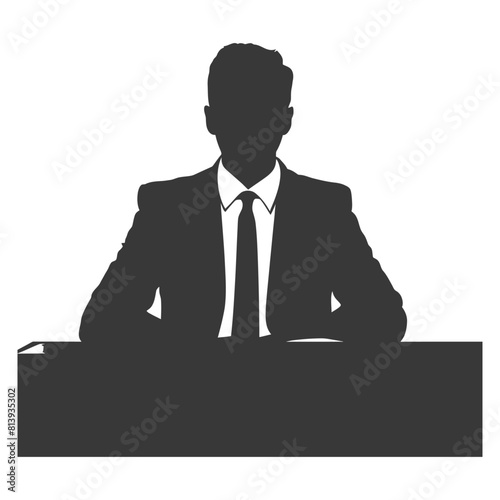 Silhouette news anchor man in action sit in front desk black color only