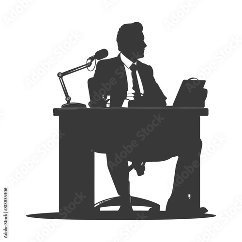 Silhouette news anchor man in action sit in front desk black color only