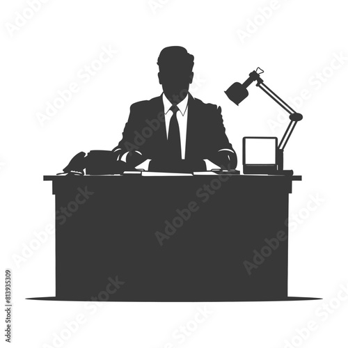 Silhouette news anchor man in action sit in front desk black color only