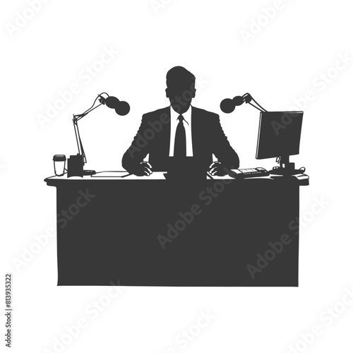 Silhouette news anchor man in action sit in front desk black color only