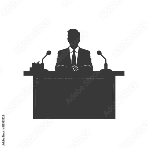 Silhouette news anchor man in action sit in front desk black color only