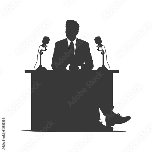 Silhouette news anchor man in action sit in front desk black color only