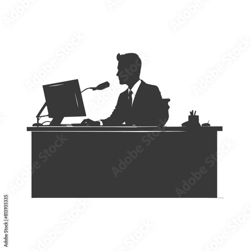 Silhouette news anchor man in action sit in front desk black color only