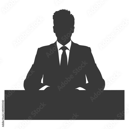 Silhouette news anchor man in action sit in front desk black color only